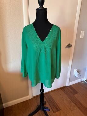 Emerald Green Embroidered V-Neck Tunic Blouse Sheer Long Sleeve Peasant Top Boho
